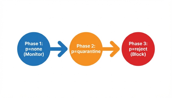 Moving from p=none to p=quarantine to p=reject—Analyzer-Driven